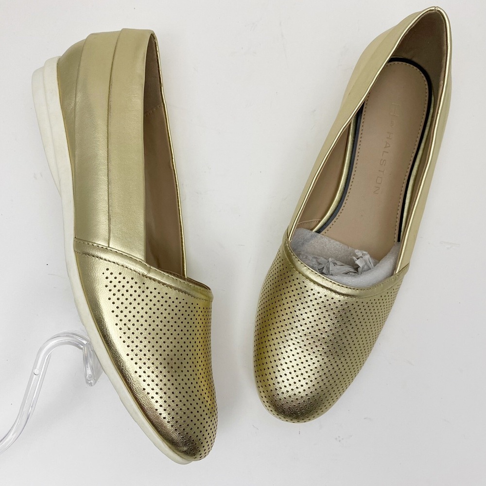 H by Halston Leah Gold Leather Perforated‎ Slip On Loafers Womens 8M Gold